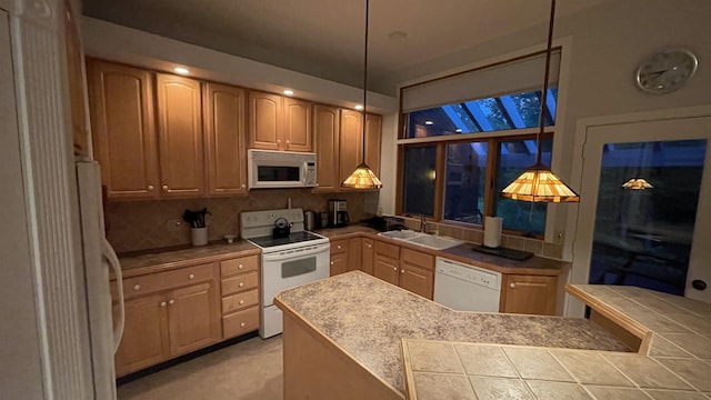 248 Club Sugarbush Ext Unit 18, Warren, VT 05674 - kitchen featuring white appliances, tasteful backsplash, tile counters, light brown cabinetry, and hanging light fixtures