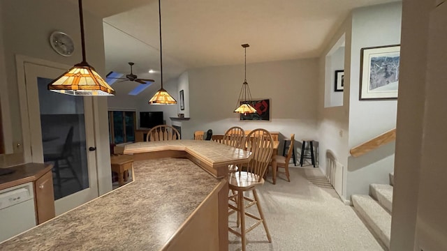 248 Club Sugarbush Ext Unit 18, Warren, VT 05674 - dining room with light colored carpet, a ceiling fan, and stairway