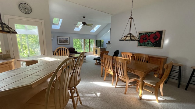 248 Club Sugarbush Ext Unit 18, Warren, VT 05674 - carpeted dining room featuring a skylight, lofted ceiling, and a ceiling fan