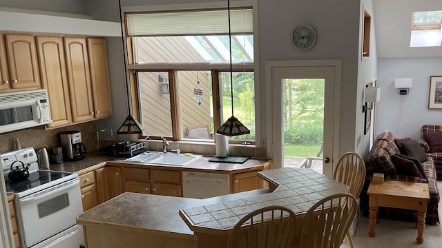 248 Club Sugarbush Ext Unit 18, Warren, VT 05674 - kitchen with white appliances, tasteful backsplash, light brown cabinetry, and tile countertops