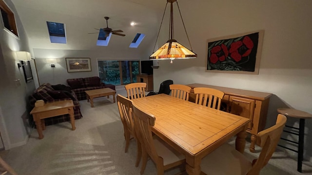 248 Club Sugarbush Ext Unit 18, Warren, VT 05674 - carpeted dining room featuring ceiling fan, a skylight, and high vaulted ceiling