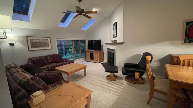 248 Club Sugarbush Ext Unit 18, Warren, VT 05674 - carpeted living area with a skylight, lofted ceiling, ceiling fan, and a fireplace