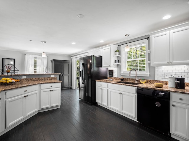 20 Lawrence Rd, Derry, NH 03038 - kitchen with black appliances, white cabinets, hanging light fixtures, and recessed lighting