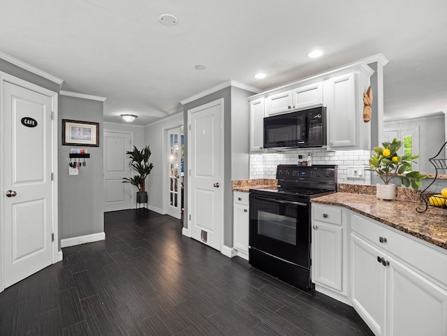 20 Lawrence Rd, Derry, NH 03038 - kitchen with black appliances, backsplash, stone countertops, white cabinets, and crown molding