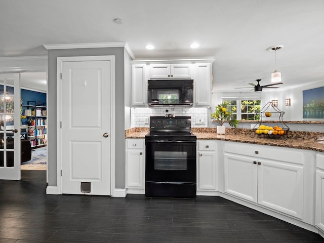 20 Lawrence Rd, Derry, NH 03038 - kitchen featuring black appliances, ornamental molding, dark stone countertops, white cabinetry, and a ceiling fan