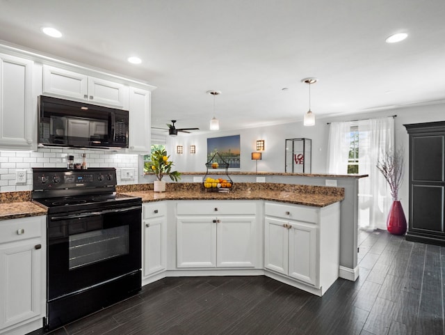 20 Lawrence Rd, Derry, NH 03038 - kitchen featuring black appliances, a peninsula, backsplash, dark wood-type flooring, and white cabinetry