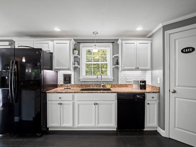20 Lawrence Rd, Derry, NH 03038 - kitchen featuring black appliances, open shelves, white cabinetry, ornamental molding, and light stone counters