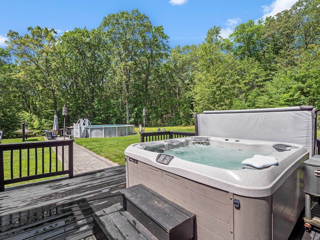 20 Lawrence Rd, Derry, NH 03038 - wooden terrace with a hot tub, a swimming pool, and a lawn