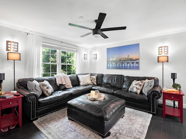 20 Lawrence Rd, Derry, NH 03038 - living room featuring ceiling fan, ornamental molding, and dark wood-style flooring