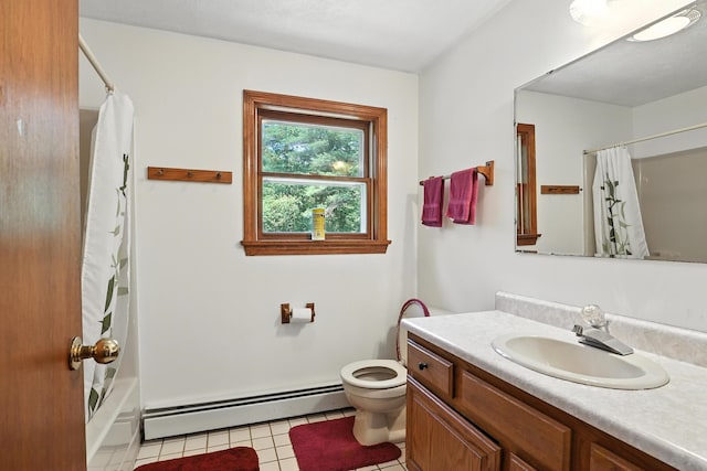 20 Edward Dr, Concord, NH 03301 - full bathroom with a baseboard heating unit, vanity, tile patterned flooring, and shower / tub combo