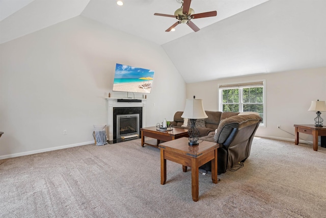 60 Lady Slipper Ln, Chester, NH 03036 - living area featuring lofted ceiling, carpet, a fireplace with flush hearth, and a ceiling fan