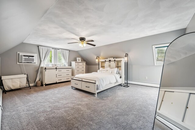 19 Hardwood Rd, Windham, NH 03087 - bedroom with baseboard heating, a wall unit AC, vaulted ceiling, carpet floors, and ceiling fan