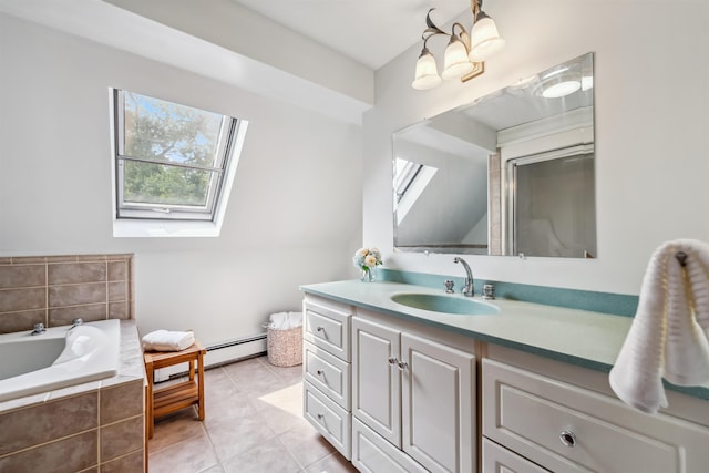 19 Hardwood Rd, Windham, NH 03087 - bathroom with a skylight, vanity, a bath, tile patterned flooring, and a baseboard heating unit