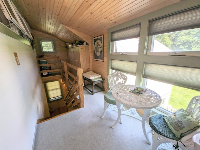 1573 US Route 5 S, Barnet, VT 05821 - dining space featuring vaulted ceiling, plenty of natural light, carpet flooring, and wood ceiling