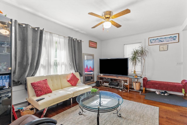 2 Brown Rd, Windham, NH 03087 - living area featuring a ceiling fan, wood finished floors, and a baseboard heating unit