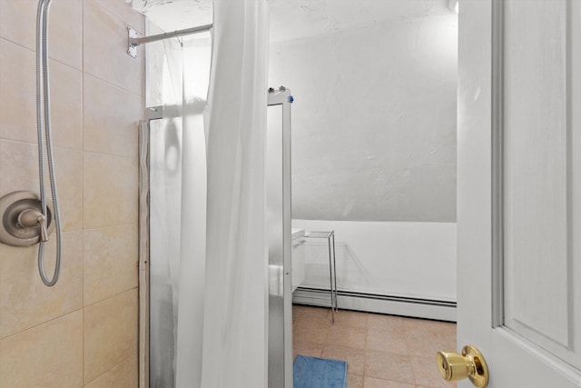 2 Brown Rd, Windham, NH 03087 - bathroom with a baseboard radiator, a stall shower, and tile patterned floors