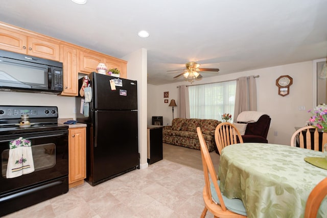 27 Meisner Rd, Salem, NH 03079 - kitchen with black appliances, a ceiling fan, light brown cabinetry, light countertops, and open floor plan