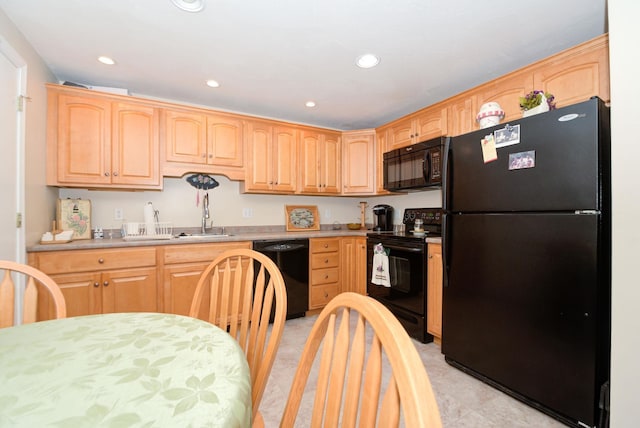 27 Meisner Rd, Salem, NH 03079 - kitchen featuring black appliances, recessed lighting, light countertops, light brown cabinetry, and light tile patterned floors