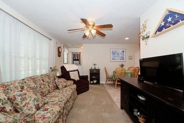 27 Meisner Rd, Salem, NH 03079 - living room featuring ceiling fan, light colored carpet, and recessed lighting
