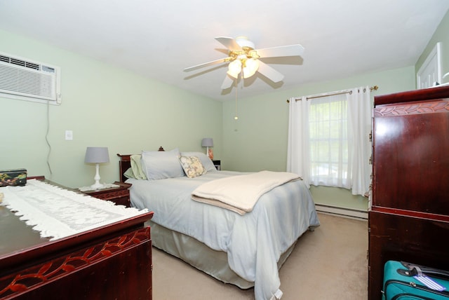 27 Meisner Rd, Salem, NH 03079 - bedroom with a baseboard heating unit, light carpet, an AC wall unit, and ceiling fan