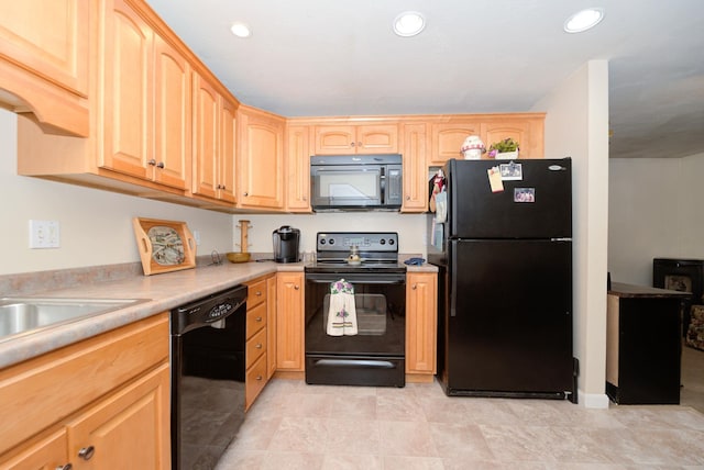27 Meisner Rd, Salem, NH 03079 - kitchen featuring black appliances, light countertops, light brown cabinetry, and recessed lighting