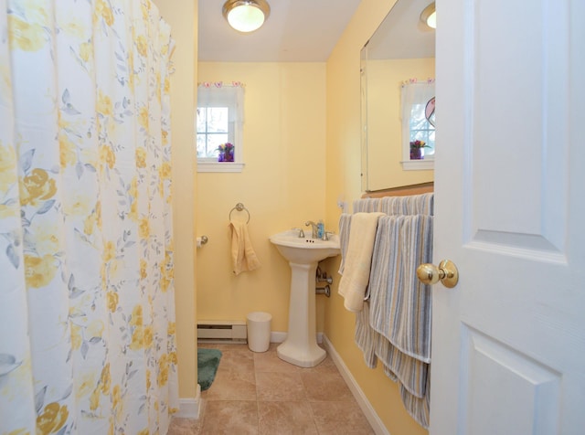 27 Meisner Rd, Salem, NH 03079 - bathroom featuring a baseboard radiator, tile patterned flooring, and a shower with curtain