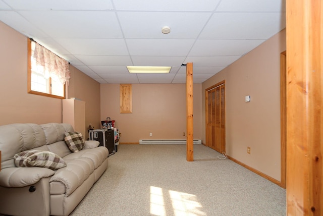 27 Meisner Rd, Salem, NH 03079 - carpeted living room with baseboard heating and a drop ceiling
