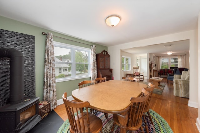 10 Prospect St, Bristol, NH 03222 - dining space featuring a wood stove and wood finished floors