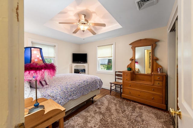 10 Prospect St, Bristol, NH 03222 - bedroom featuring a tray ceiling, multiple windows, wood finished floors, and a ceiling fan