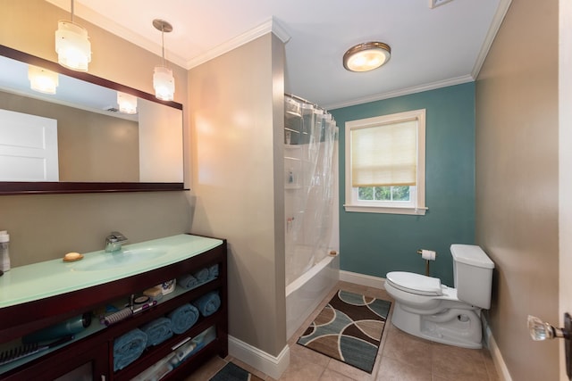 10 Prospect St, Bristol, NH 03222 - bathroom with vanity, crown molding, shower / bathtub combination with curtain, and tile patterned flooring