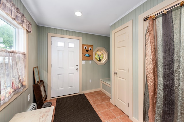 10 Prospect St, Bristol, NH 03222 - foyer entrance featuring ornamental molding, light tile patterned flooring, and baseboard heating
