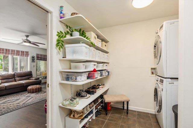 10 Cranberry Rd, Keene, NH 03431 - laundry area featuring stacked washer / dryer and ceiling fan