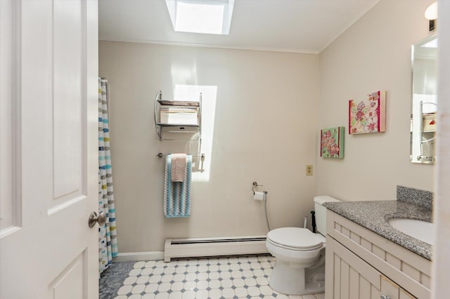 10 Cranberry Rd, Keene, NH 03431 - bathroom with a baseboard radiator, vanity, a skylight, and a shower with curtain