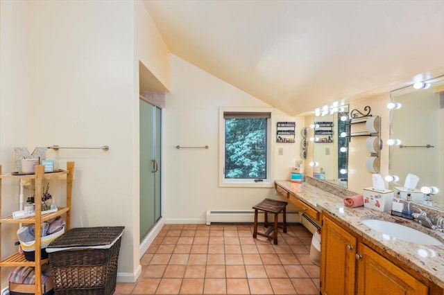 10 Cranberry Rd, Keene, NH 03431 - full bathroom featuring vanity, tile patterned floors, a stall shower, lofted ceiling, and baseboard heating