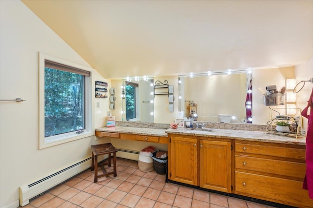 10 Cranberry Rd, Keene, NH 03431 - full bathroom featuring a baseboard radiator, tile patterned flooring, vanity, and lofted ceiling