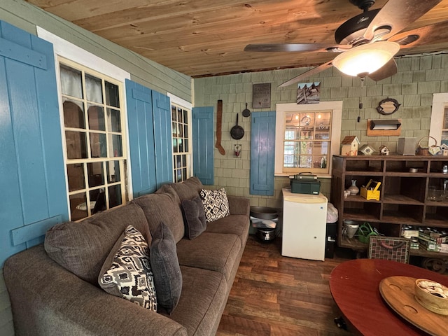 197 Circuit Rd, Ossipee, NH 03864 - living room featuring wood finished floors, wooden ceiling, and ceiling fan