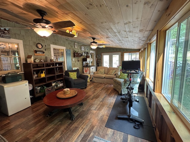 197 Circuit Rd, Ossipee, NH 03864 - living area featuring ceiling fan, hardwood / wood-style floors, wood ceiling, and vaulted ceiling
