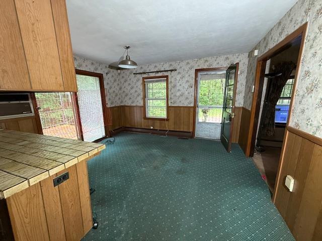 224 E Dunbarton Rd, Goffstown, NH 03045 - unfurnished dining area with wainscoting, wallpapered walls, carpet, and wooden walls