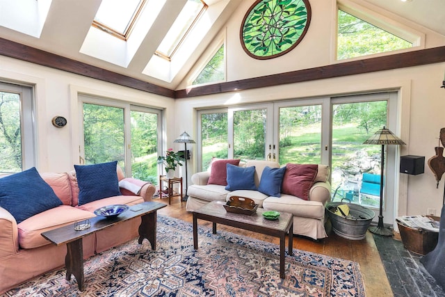 133 Hay Hill Rd, Francestown, NH 03043 - living room featuring a skylight, high vaulted ceiling, and wood-type flooring