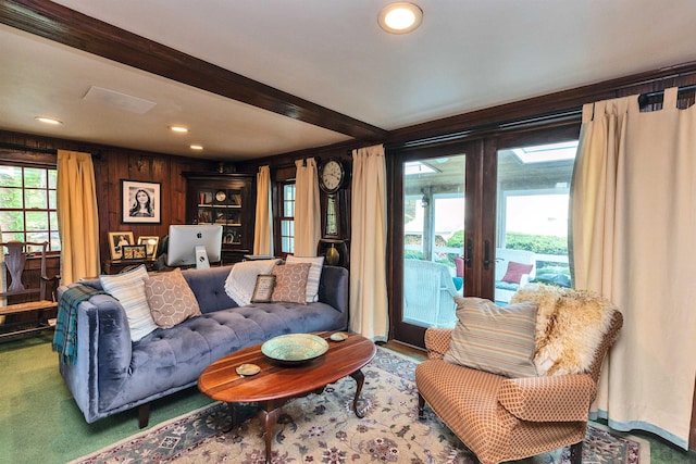 133 Hay Hill Rd, Francestown, NH 03043 - carpeted living room with french doors, wood walls, and recessed lighting