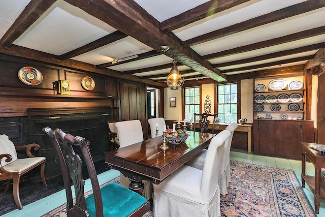133 Hay Hill Rd, Francestown, NH 03043 - dining space with wood walls and beam ceiling