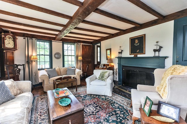 133 Hay Hill Rd, Francestown, NH 03043 - living room featuring beam ceiling and a glass covered fireplace