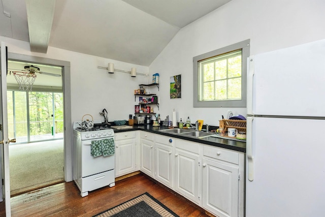 133 Hay Hill Rd, Francestown, NH 03043 - kitchen featuring white appliances, dark countertops, dark wood-style floors, white cabinetry, and lofted ceiling