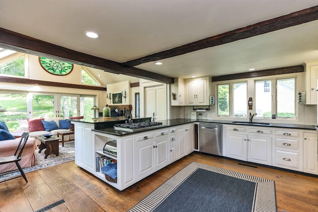 133 Hay Hill Rd, Francestown, NH 03043 - kitchen featuring stainless steel appliances, dark countertops, a peninsula, white cabinets, and recessed lighting