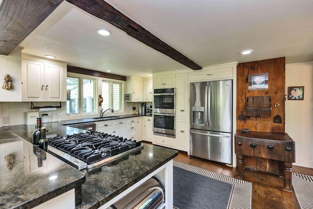 133 Hay Hill Rd, Francestown, NH 03043 - kitchen with stainless steel appliances, dark wood-style flooring, recessed lighting, beam ceiling, and white cabinets