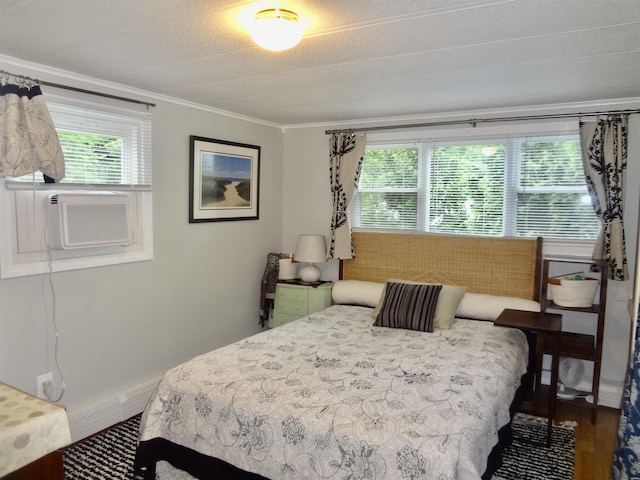 1 Northbrook Rd, Tilton, NH 03276 - bedroom featuring ornamental molding, wood finished floors, a baseboard heating unit, and cooling unit