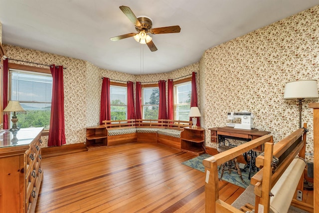 3 Fisher Pl, Claremont, NH 03743 - office featuring hardwood / wood-style floors, wallpapered walls, and ceiling fan