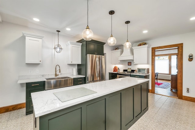 3 Fisher Pl, Claremont, NH 03743 - kitchen featuring stainless steel appliances, white cabinetry, custom range hood, recessed lighting, and green cabinetry