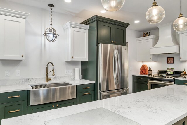3 Fisher Pl, Claremont, NH 03743 - kitchen with stainless steel appliances, custom range hood, green cabinetry, white cabinets, and recessed lighting