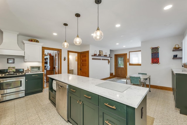 3 Fisher Pl, Claremont, NH 03743 - kitchen with green cabinets, appliances with stainless steel finishes, custom exhaust hood, white cabinetry, and recessed lighting